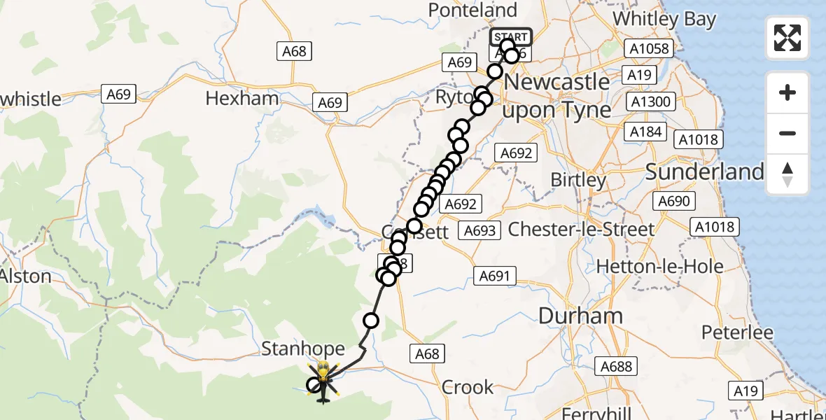 Routekaart van de vlucht: Police Helicopter to Frosterley, DAE3/22
