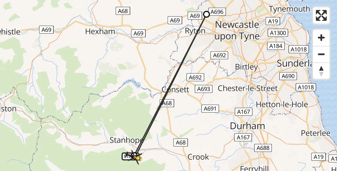 Routekaart van de vlucht: Police Helicopter to Stanhope, A689
