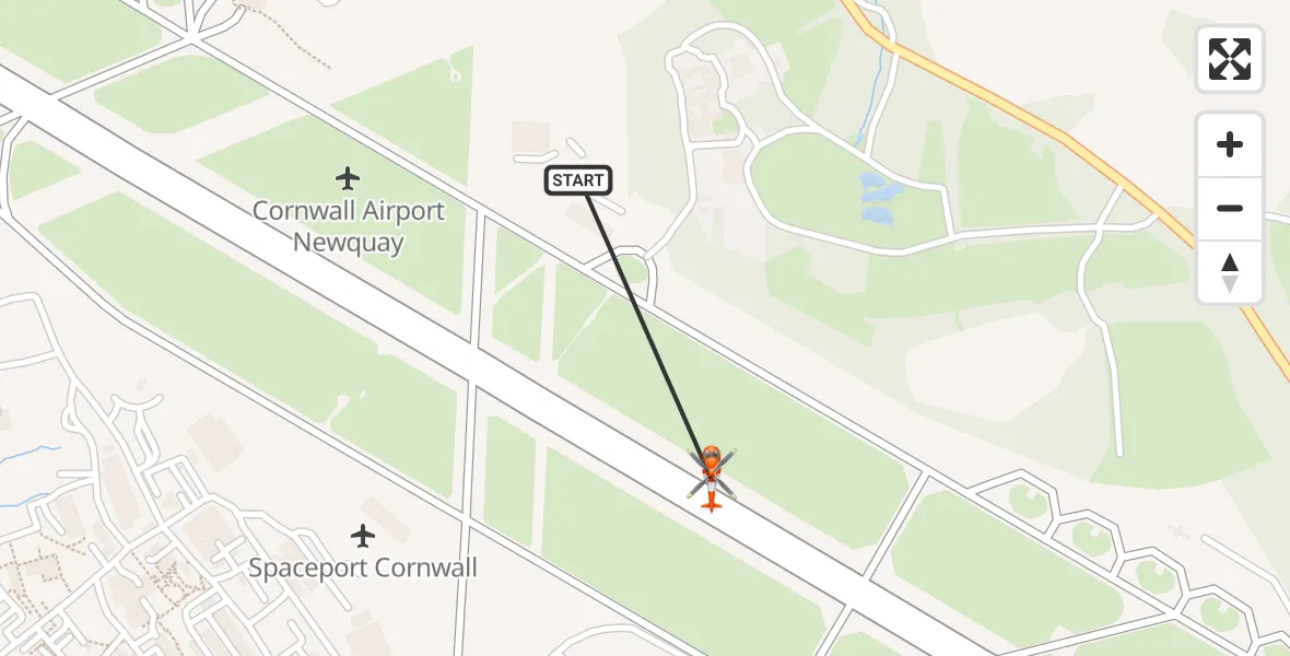Flight path map showing Coastguard Helicopter route from Cornwall Airport Newquay to Cornwall Airport Newquay