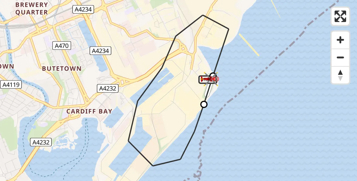 Flight route map: Air Ambulance Helicopter to Cardiff Heliport, Cardiff Heliport