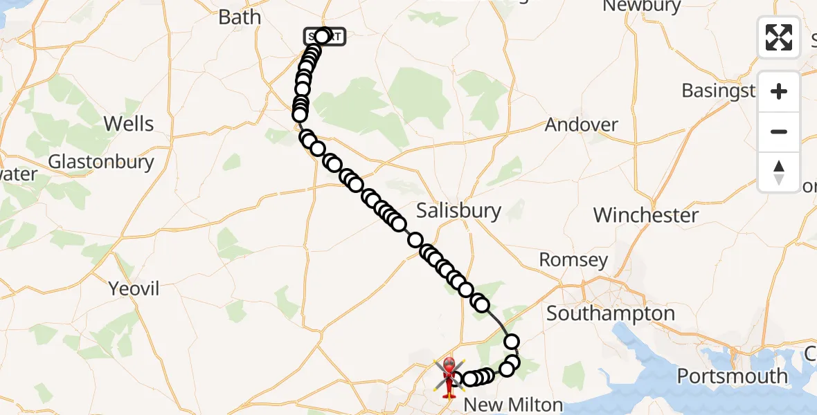 Flight route map: Air Ambulance Helicopter to Hurn, Matchams Lane