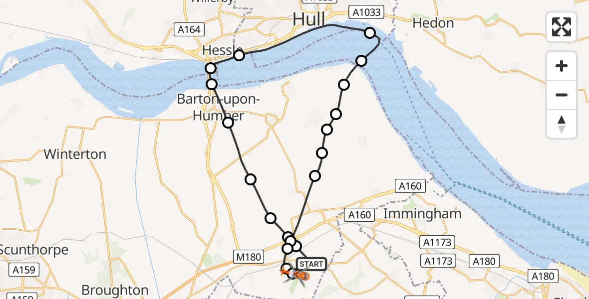 Flight route map: Coastguard Helicopter to Humberside Airport, Humberside Airport