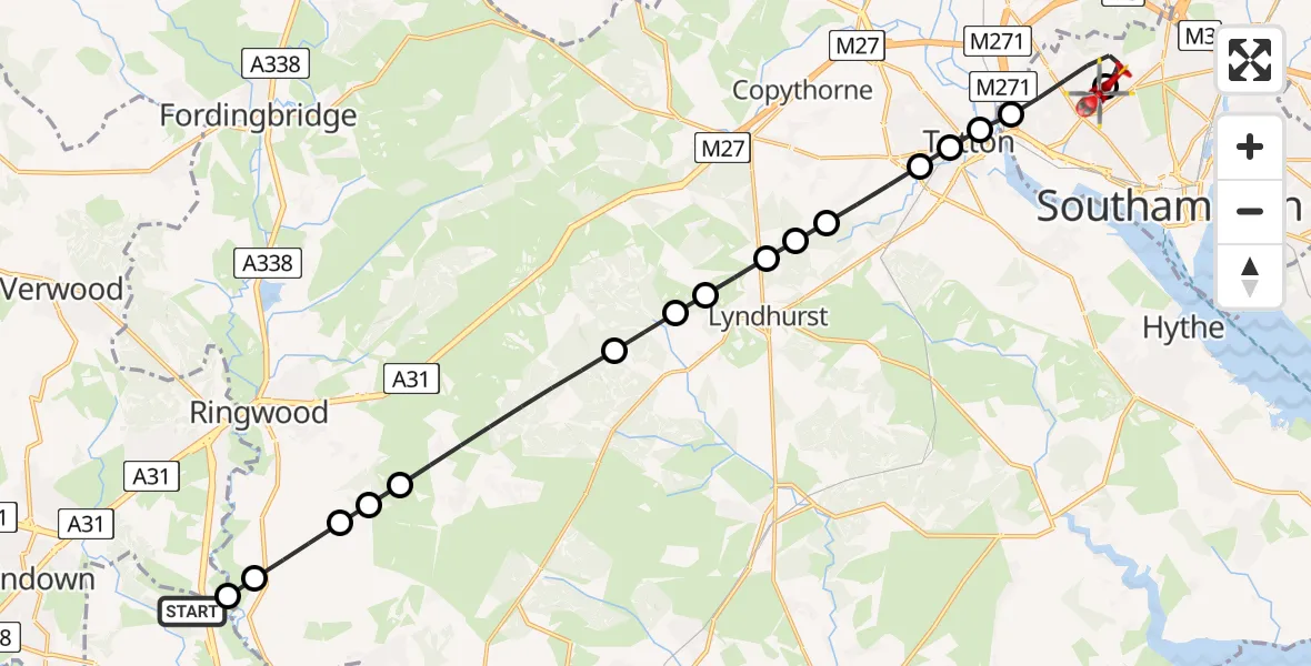 Flight route map: Air Ambulance Helicopter to University Hospital Southampton, University Hospital Southampton