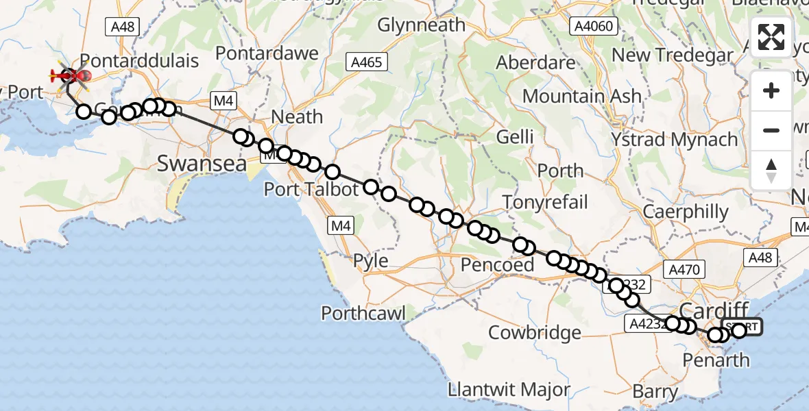 Routekaart van de vlucht: Air Ambulance Helicopter to Felinfoel, Farmers Row