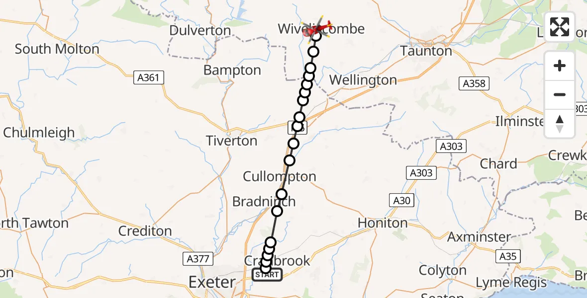 Flight route map: Air Ambulance Helicopter to Wiveliscombe, West Road