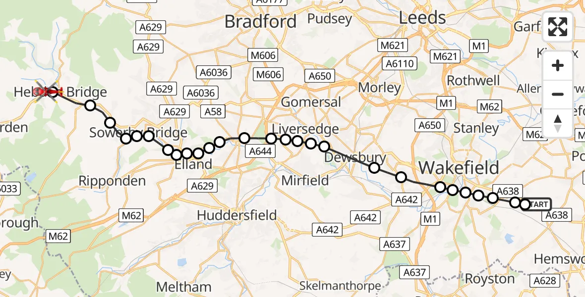 Flight route map: Air Ambulance Helicopter to Mytholm, Stubbing Brink