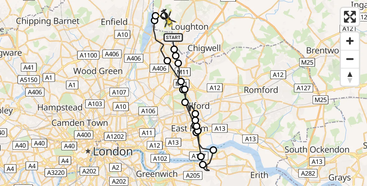 Flight route map: Police Helicopter to Sewardstonebury, Bury Road