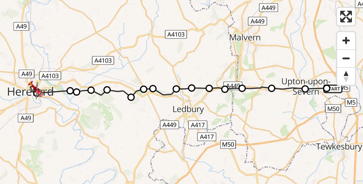 Flight route map: Air Ambulance Helicopter to Hereford County Hospital, City Link Road