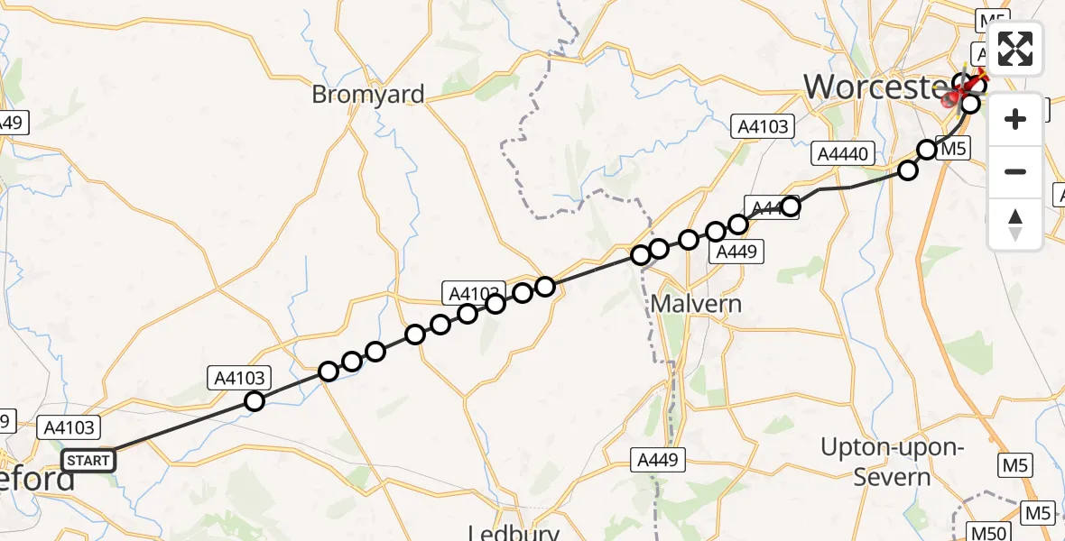 Routekaart van de vlucht: Air Ambulance Helicopter to Worcester, Charles Hastings Way