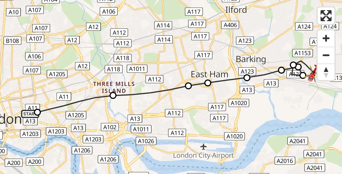 Flight route map: Air Ambulance Helicopter to London Borough of Barking and Dagenham, Goresbrook Road