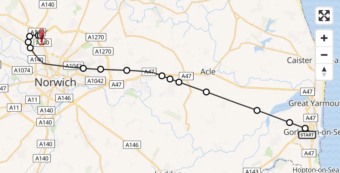 Routekaart van de vlucht: Air Ambulance Helicopter to Norwich Airport, Norwich Airport