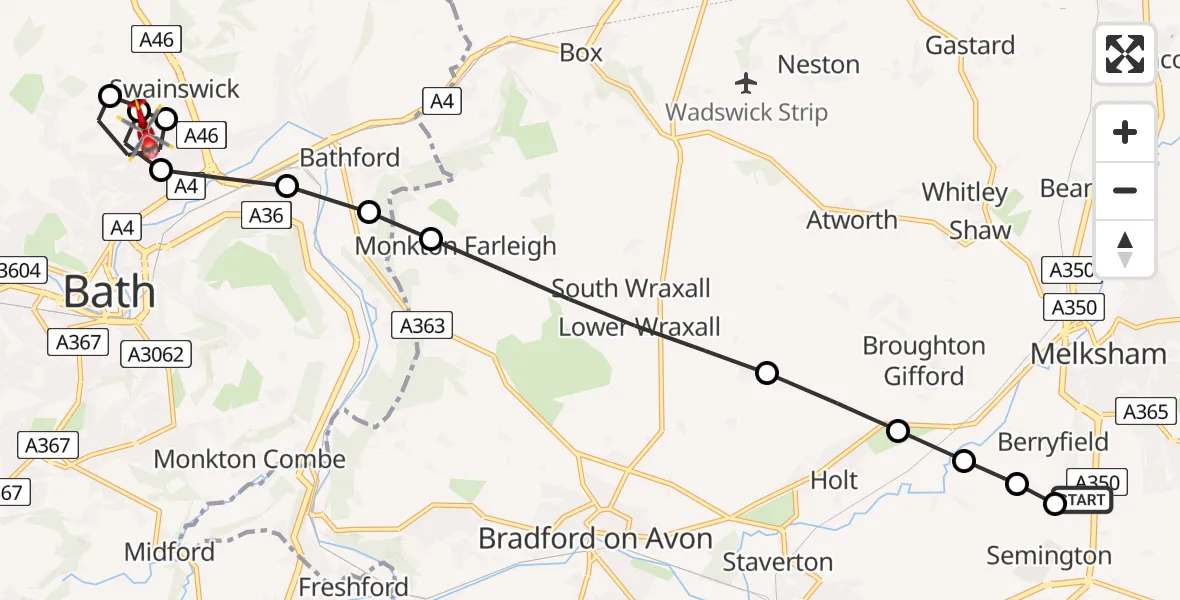 Flight route map: Air Ambulance Helicopter to Charlcombe, Charlcombe Lane