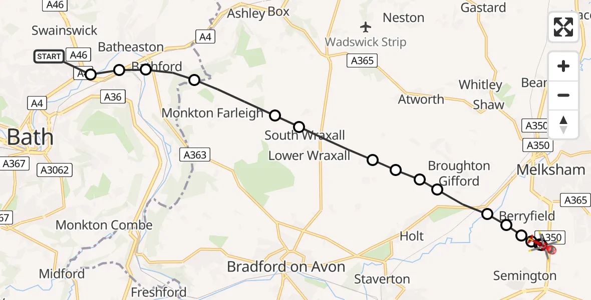 Routekaart van de vlucht: Air Ambulance Helicopter to Melksham, Commerce Way