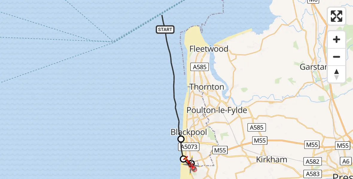 Flight route map: Air Ambulance Helicopter to Fylde, East Gate Close