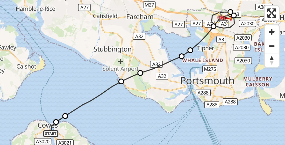 Routekaart van de vlucht: Air Ambulance Helicopter to Portsmouth, Portsdown Hill Road