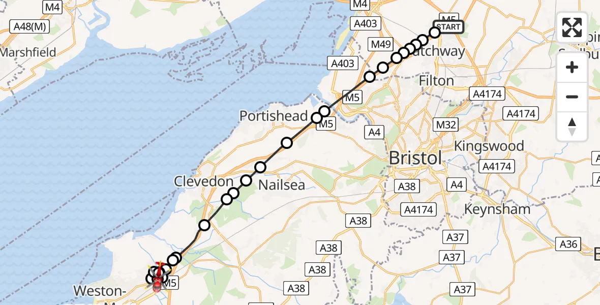 Flight route map: Air Ambulance Helicopter to West Wick, The Fielders