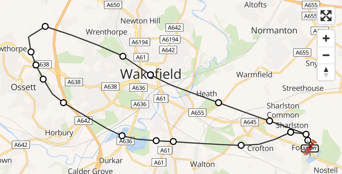 Flight path map showing Air Ambulance Helicopter route from YAA Nostell Helicopter Port to YAA Nostell Helicopter Port