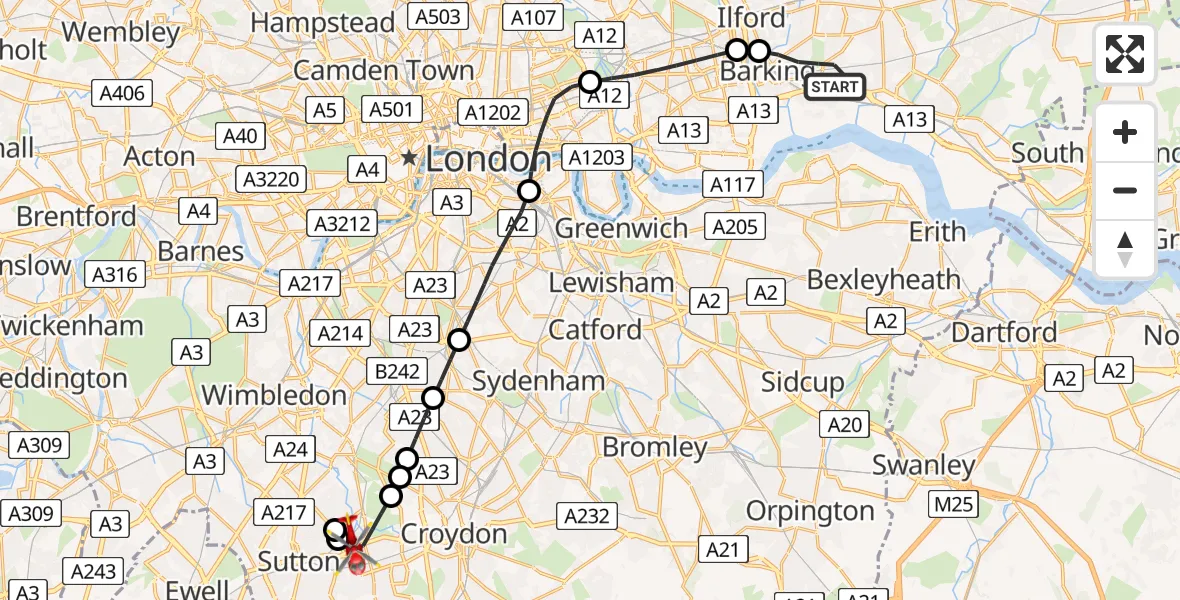 Flight route map: Air Ambulance Helicopter to London Borough of Sutton, Mill Lane