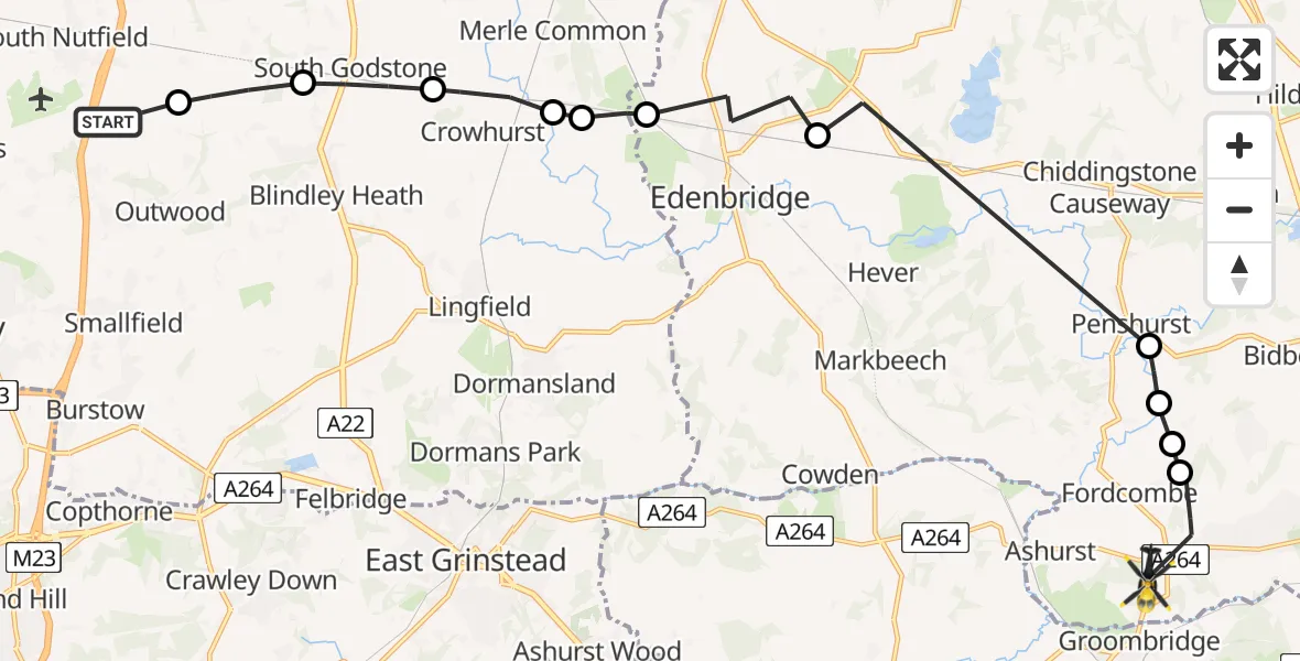 Flight route map: Police Helicopter to Speldhurst, Ashurst Road
