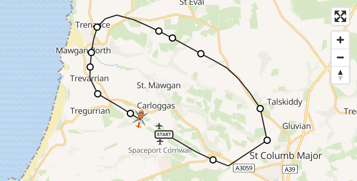 Flight path map showing Coastguard Helicopter route from Cornwall Airport Newquay to Cornwall Airport Newquay