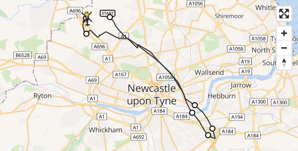 Flight route map: Police Helicopter to Newcastle International Airport, Newcastle International Airport