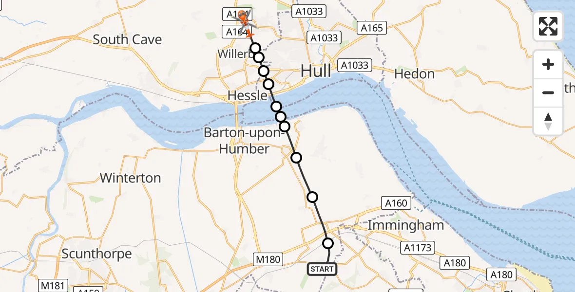 Flight route map: Coastguard Helicopter to Cottingham, Green Lane