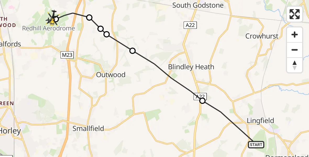 Routekaart van de vlucht: Police Helicopter to Redhill Aerodrome, Redhill Aerodrome