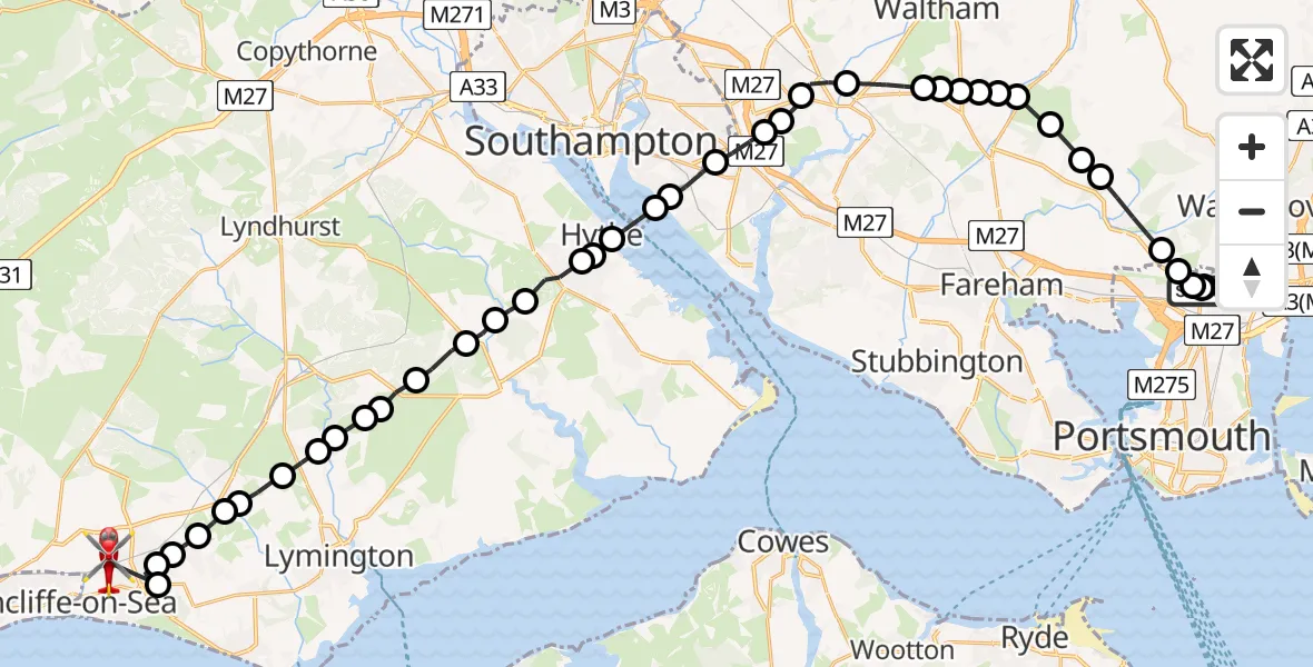 Flight route map: Air Ambulance Helicopter to New Milton, Stratfield Place