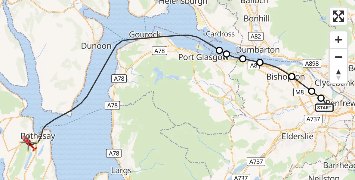 Flight path map showing Air Ambulance Helicopter route from Glasgow Airport to Inner Seas
