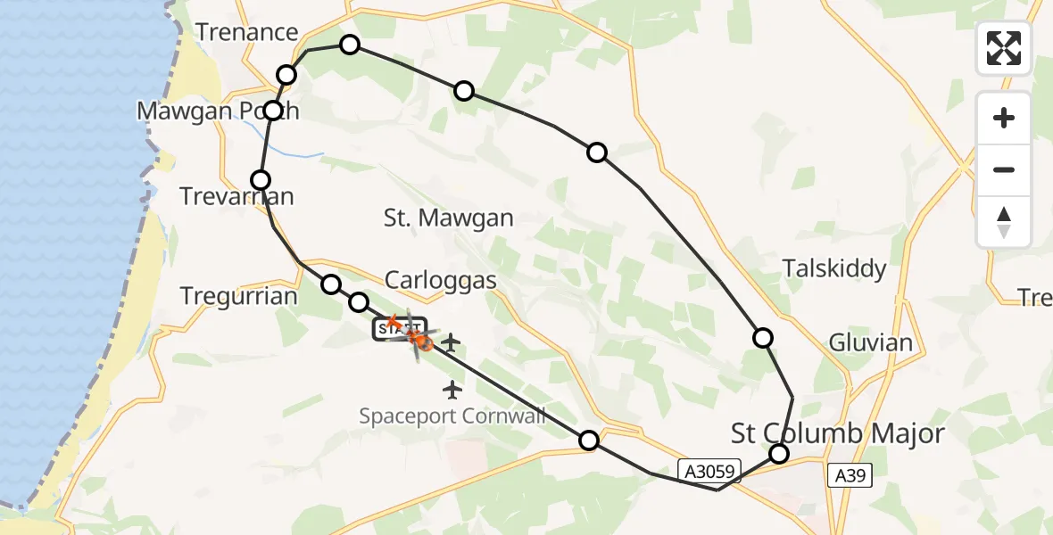Flight path map showing Coastguard Helicopter route from Cornwall Airport Newquay to Cornwall Airport Newquay