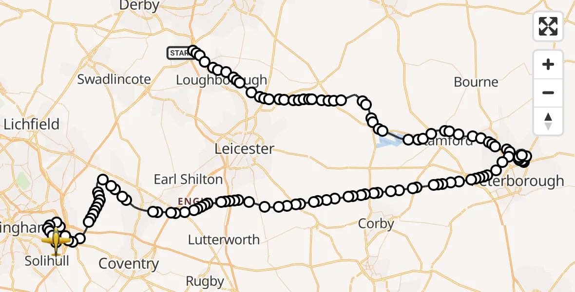Flight route map: Police Aircraft to Solihull, Birmingham Airport