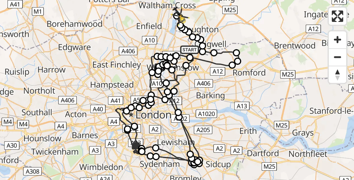 Flight route map: Police Helicopter to Epping Forest, Sewardstone Road
