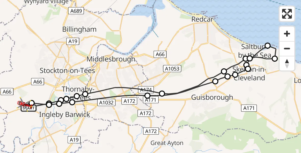 Routekaart van de vlucht: Air Ambulance Helicopter to Longnewton, Longnewton Lane