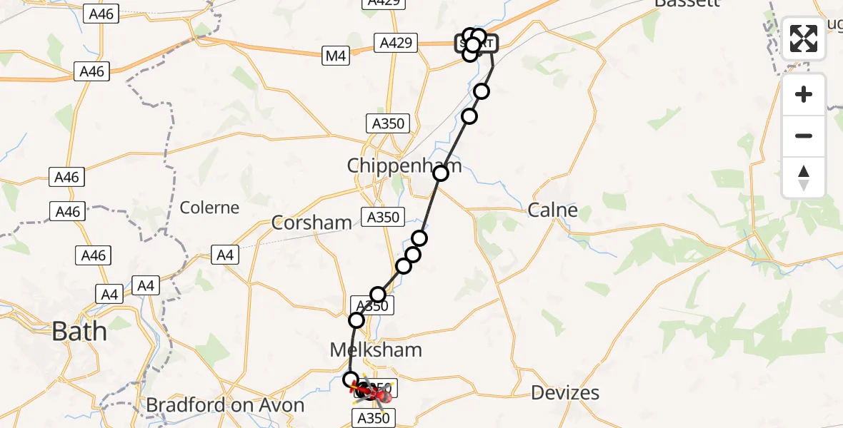 Flight route map: Air Ambulance Helicopter to Trowbridge, Trowbridge