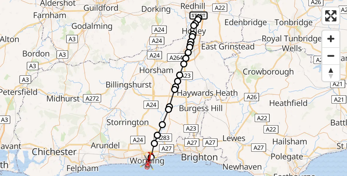 Flight route map: Air Ambulance Helicopter to Worthing, Brighton Road