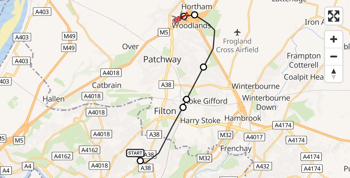Flight route map: Air Ambulance Helicopter to Almondsbury Helicopter Base, Almondsbury Helicopter Base