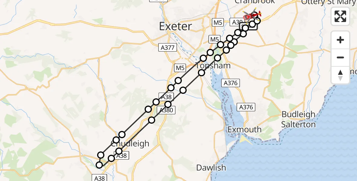 Flight route map: Air Ambulance Helicopter to Exeter International Airport, Exeter International Airport