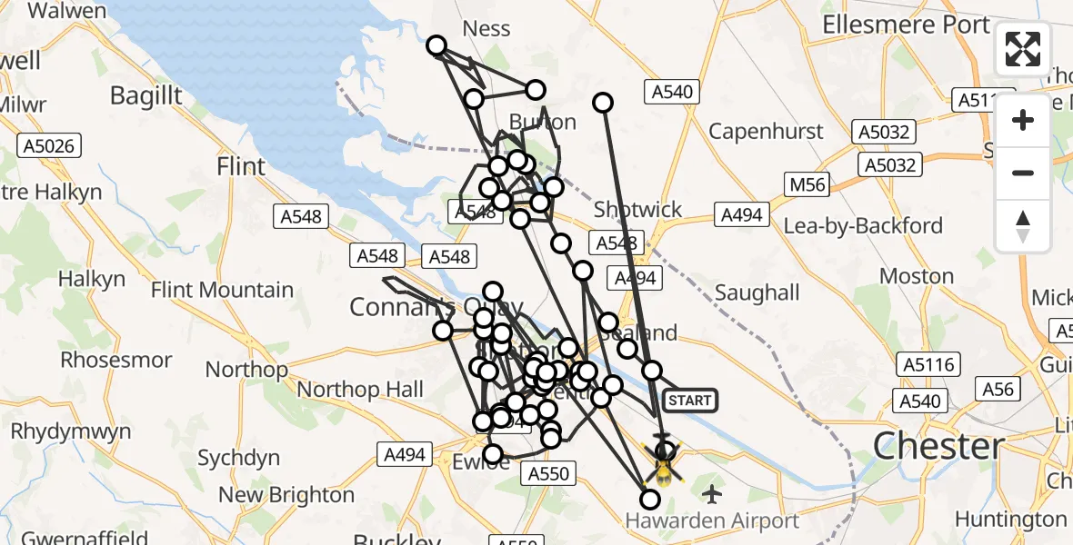 Flight route map: Police Helicopter to Sandycroft, Chester Road East