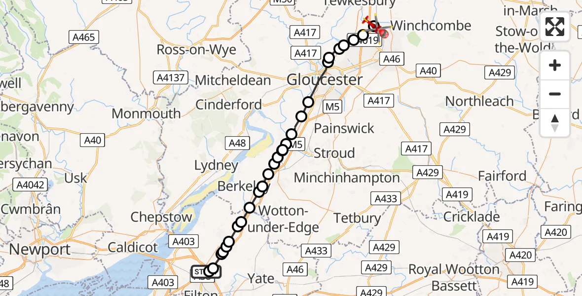 Flight route map: Air Ambulance Helicopter to Stoke Orchard, Stoke Road