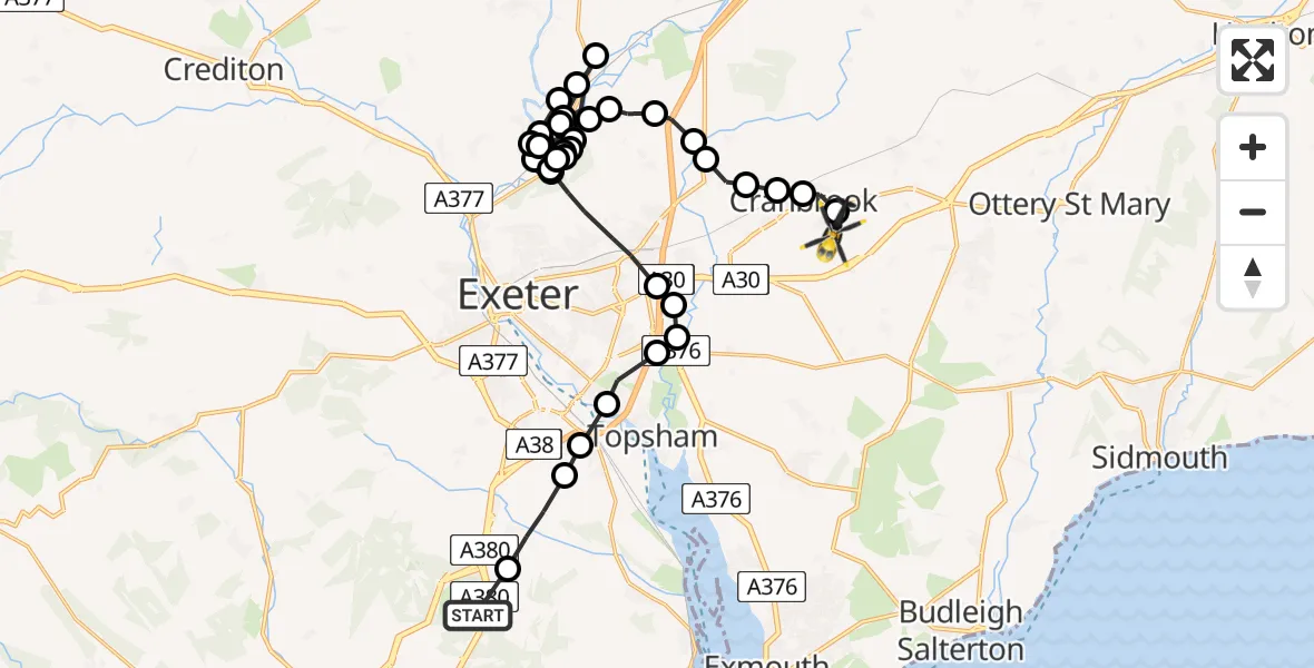 Flight route map: Police Helicopter to Rockbeare, Rockbeare