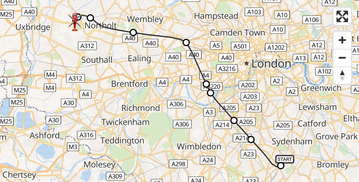 Flight route map: Air Ambulance Helicopter to RAF Northolt, RAF Northolt