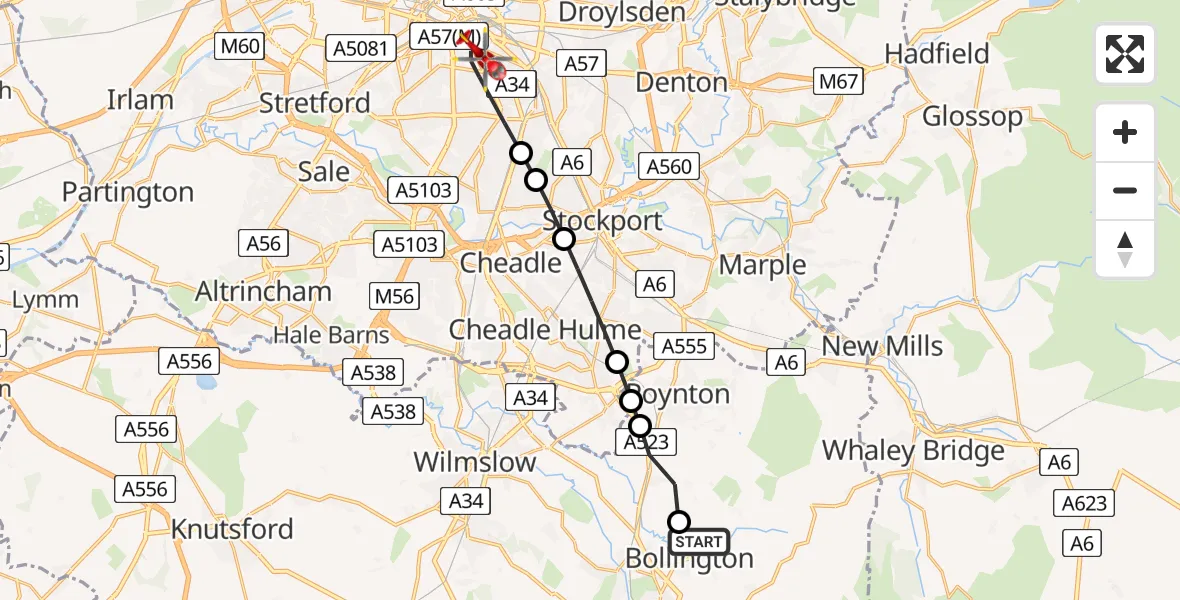 Routekaart van de vlucht: Air Ambulance Helicopter to Manchester, Oxford Road