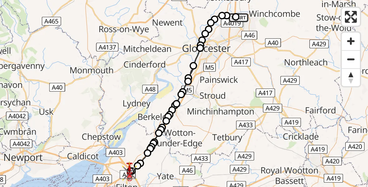 Flight route map: Air Ambulance Helicopter to Almondsbury Helicopter Base, Almondsbury Helicopter Base