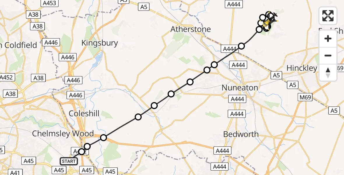 Routekaart van de vlucht: Police Helicopter to Dadlington, Fenn Lanes
