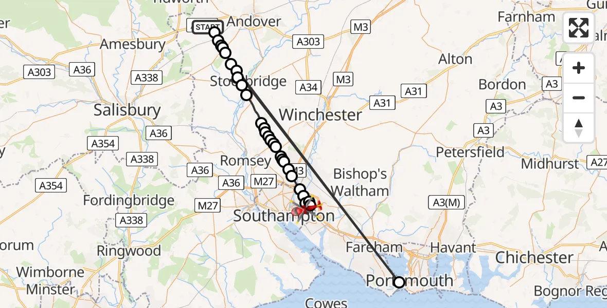 Routekaart van de vlucht: Air Ambulance Helicopter to Southampton, Barnes Road
