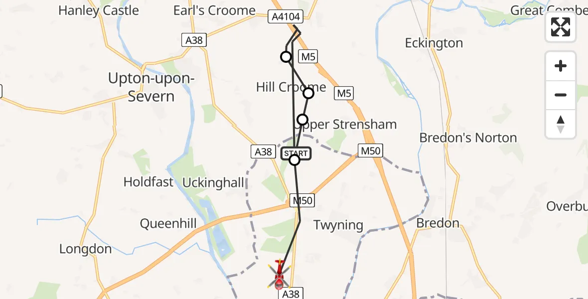 Flight route map: Air Ambulance Helicopter to Twyning, Twyning