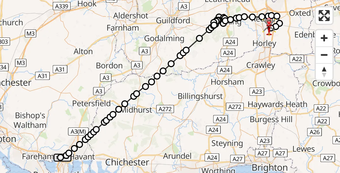 Flight route map: Air Ambulance Helicopter to Redhill Aerodrome, Redhill Aerodrome