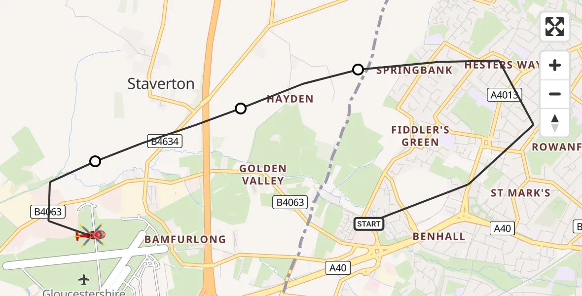 Flight route map: Air Ambulance Helicopter to Gloucestershire Airport, Gloucestershire Airport