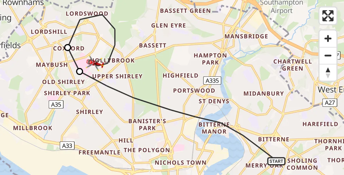 Flight route map: Air Ambulance Helicopter to Southampton, Dale Valley Gardens