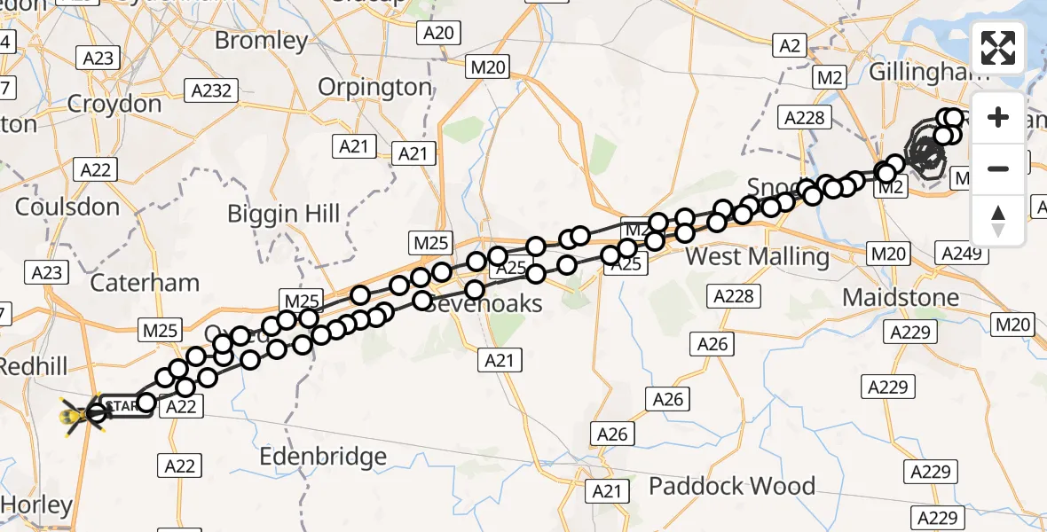 Flight route map: Police Helicopter to South Nutfield, M23